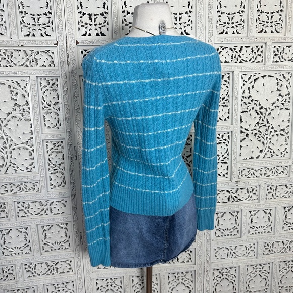 Express Wool Cashmere Blend Blue & White Striped Cable Knit Crew Neck Sweater - Picture 6 of 7